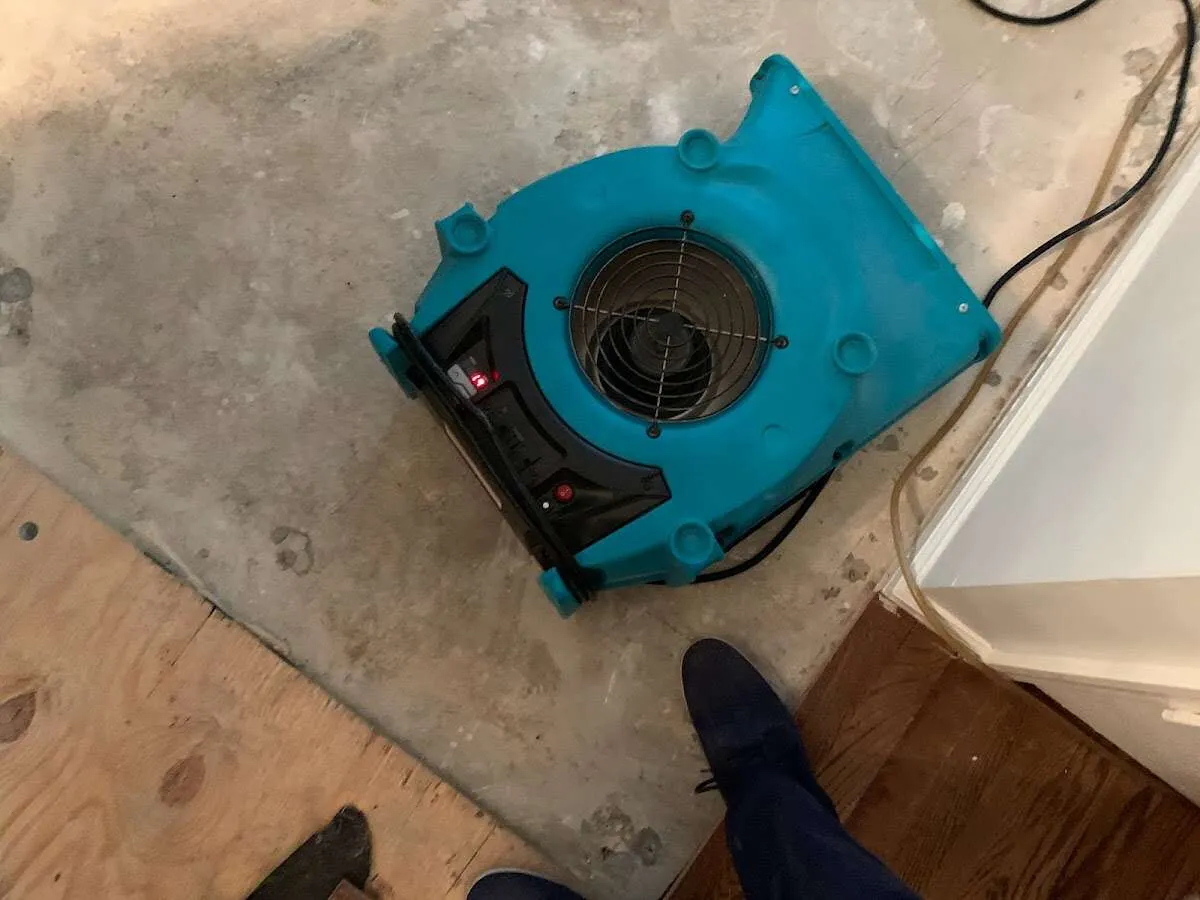 Air mover drying subfloor during Leak Detection & Repair in Brook Park